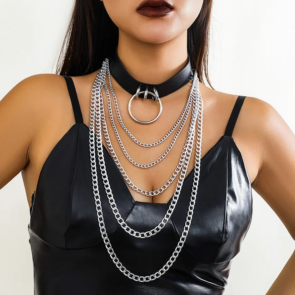 Black Choker With Little Chains Collar Leather Pendant Short
