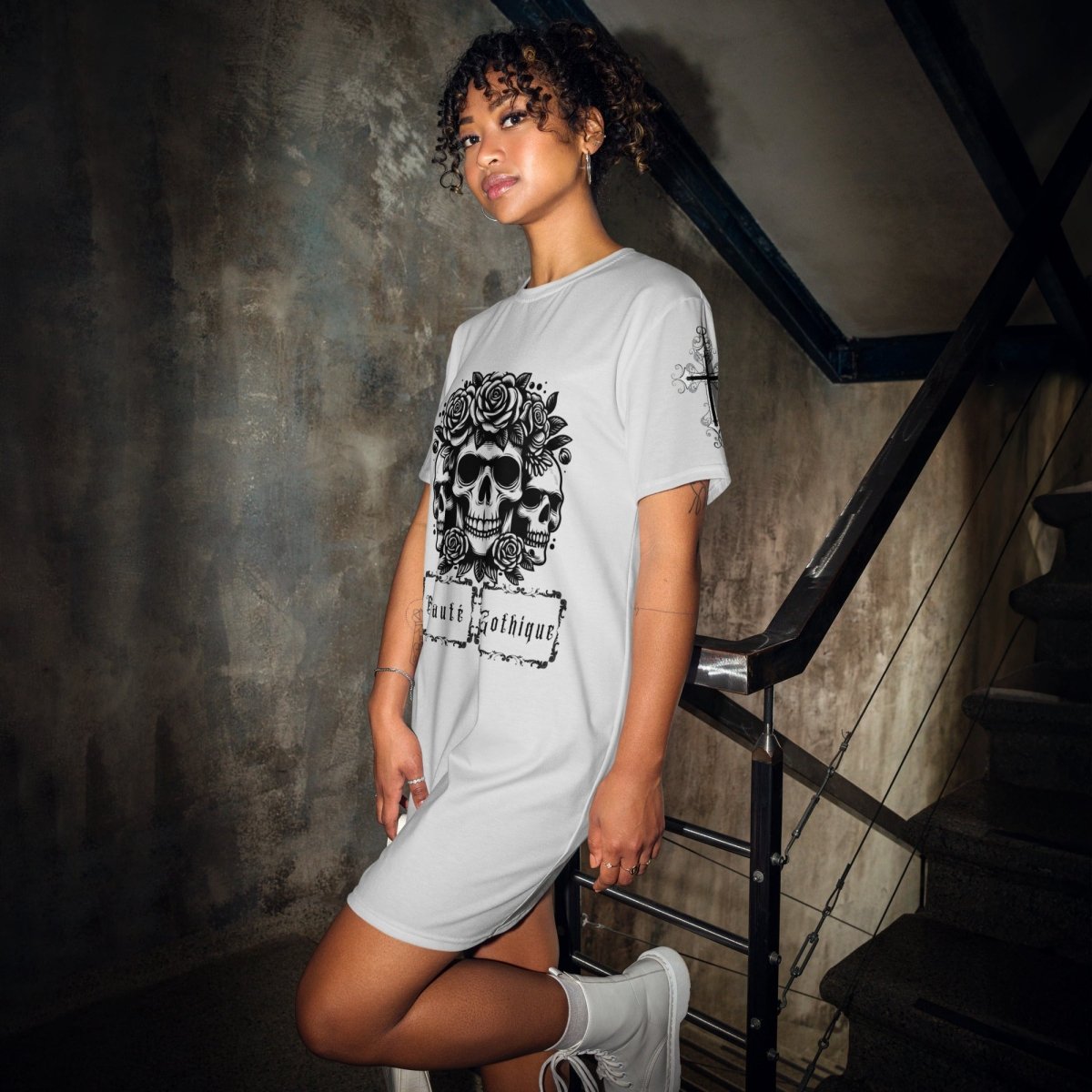 White T-shirt Dress with Gothic Motif Beaute Gothique