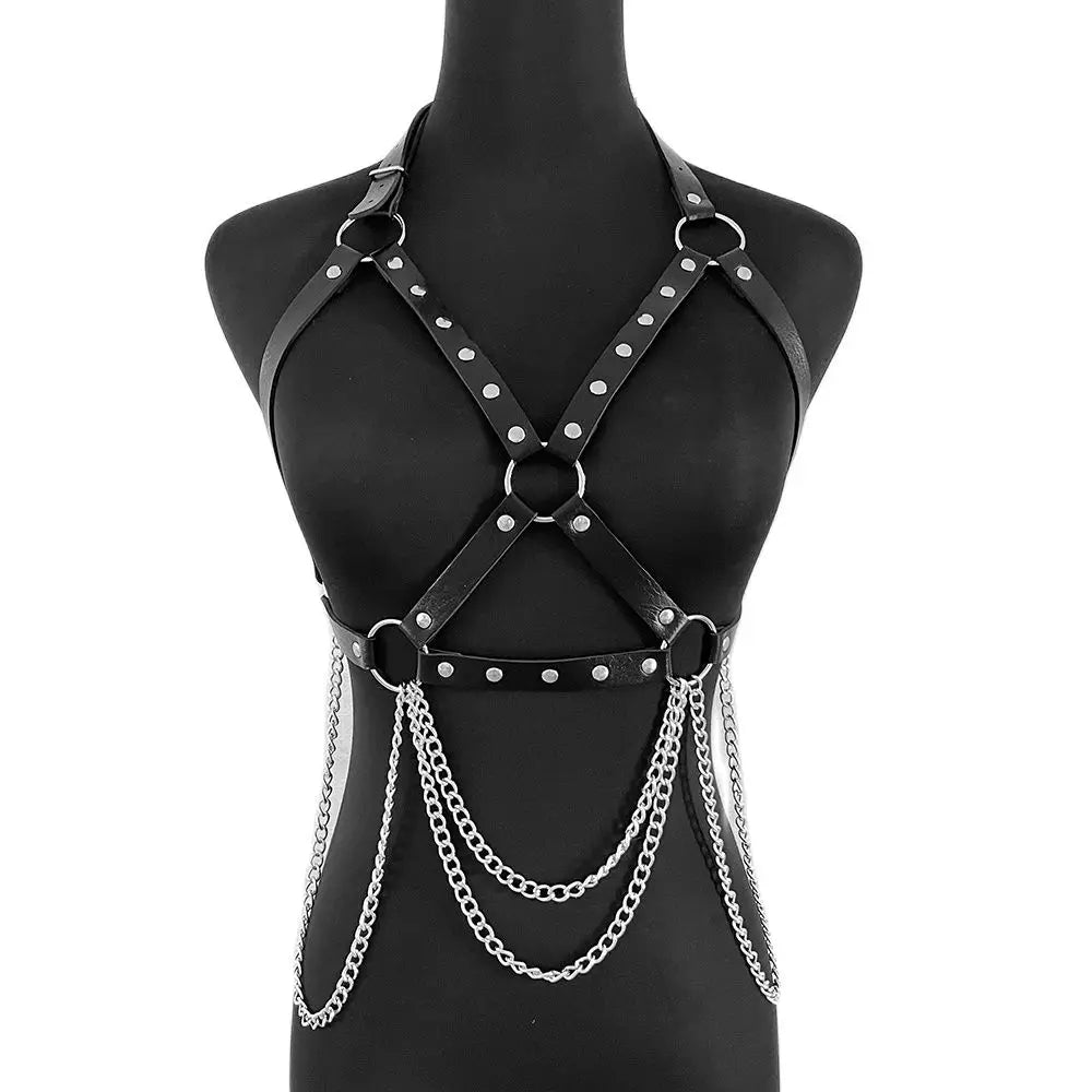 Gothic Style Leather Chest Harness with Multiple Chains  display picture 3