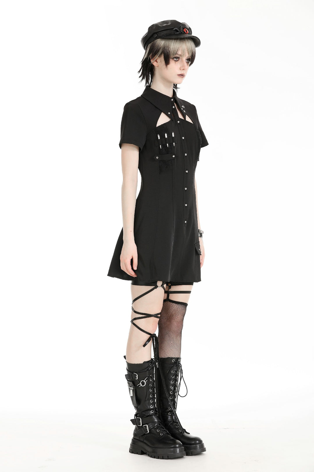 black gothic mini dress with Cutouts and Safety Pins – Castle Gothic Duration:8 days loop:Women's Feliz Alternative Goth Fashion Description Long A-line Tulle Lace