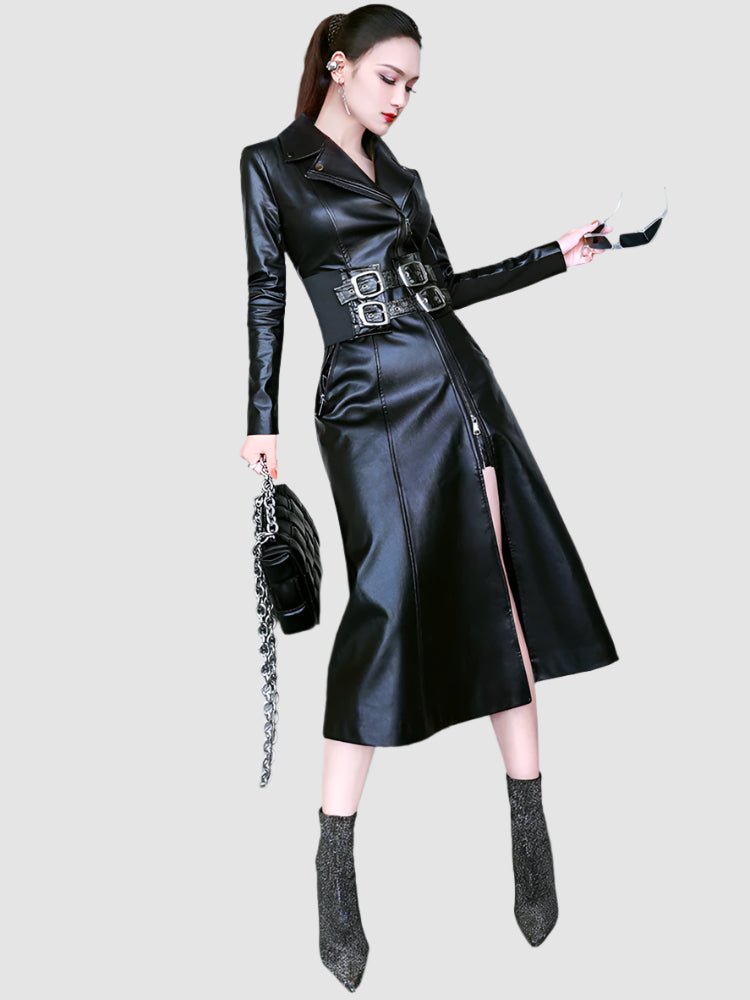 Gothic dress styled as a coat made of faux leather