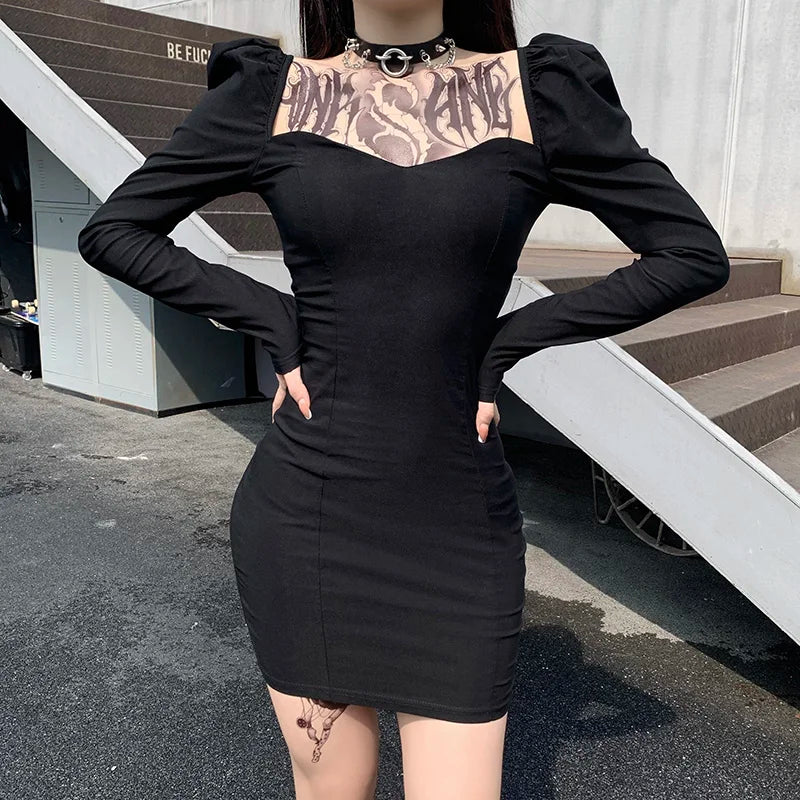 black square neck puff sleeve dress Black Midi Dress, Fit and Flare, Puff Sleeves, Square Neckline