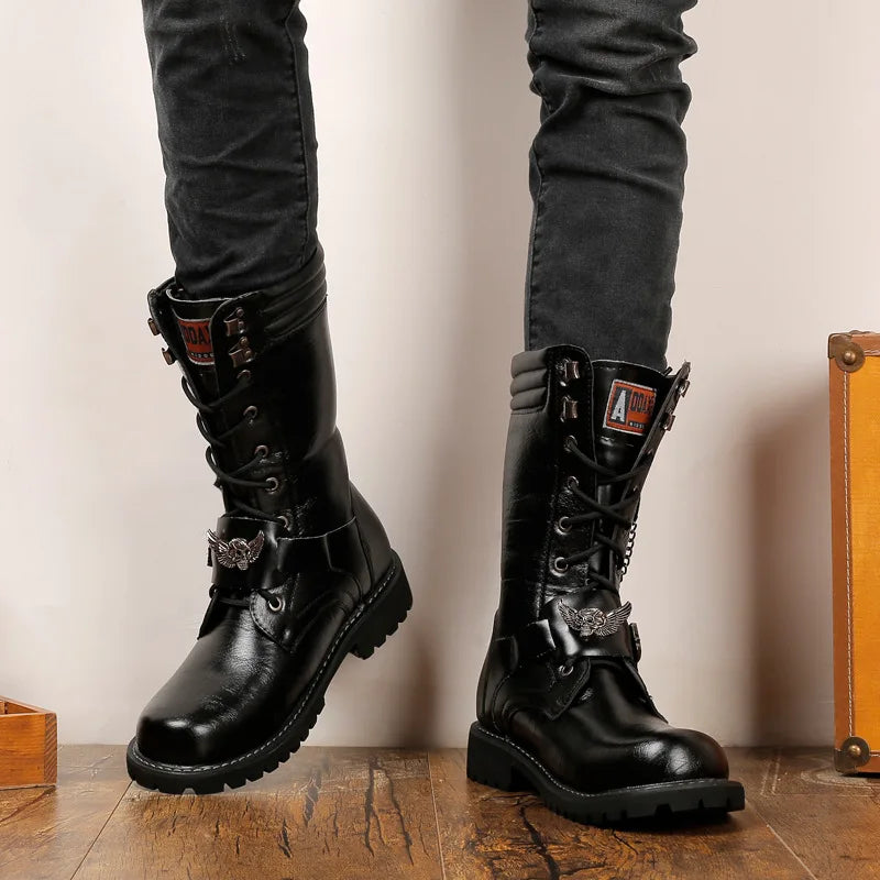 Modern Black Leather Gothic Boots in Military Style Castle Gothic