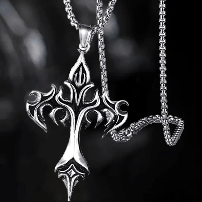 Gothic Cross Necklace – Flames, Punk Rock | Castle Gothic