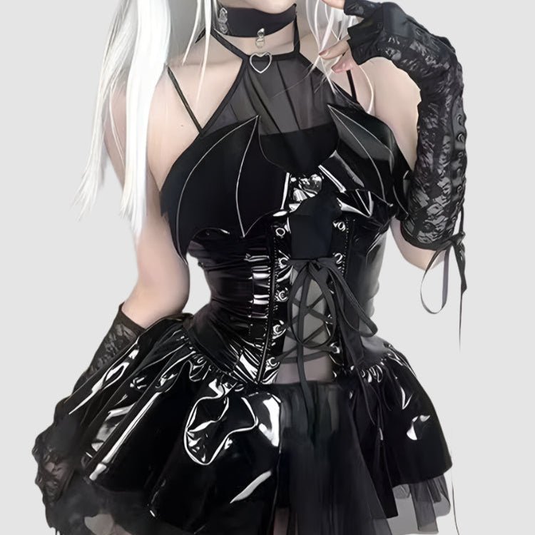 Castle Gothic Black Latex Gothic Dress  Bat Wings