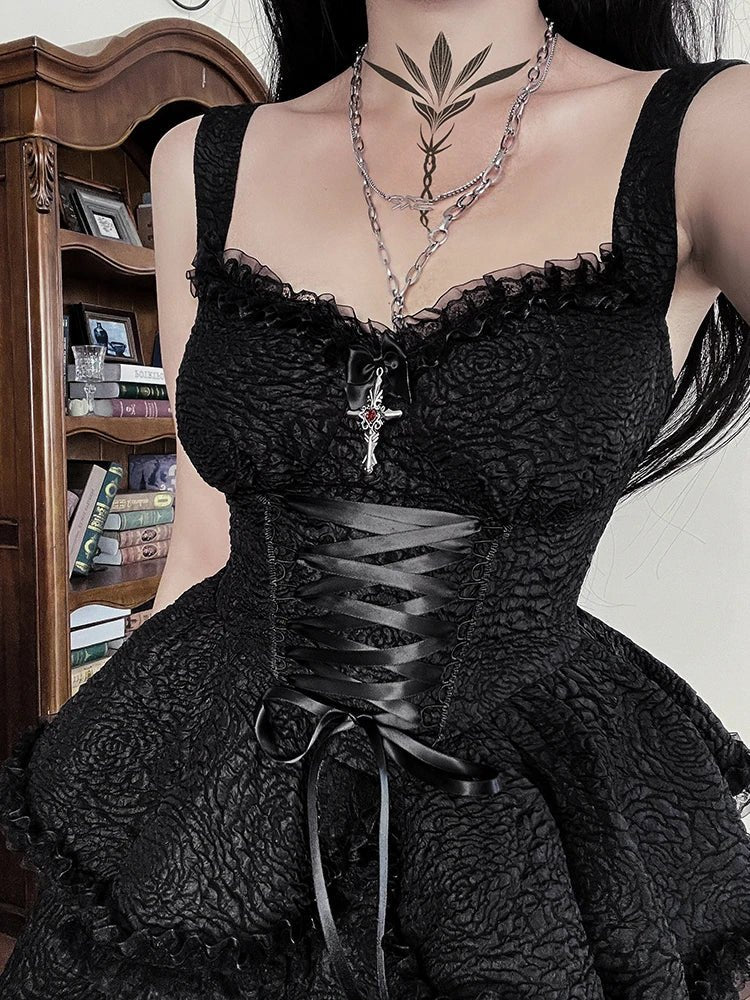 lace panel cross back gothic corset dress Cross Belle Black Halter Neck Corset Dress Gothic Lolita JSK