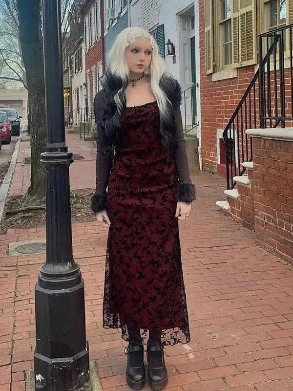 Burgundy Dress with Plant Patterns on Straps Burgundy Dress with Plant Patterns on Straps