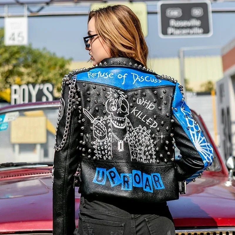 Colorful Studded Punk Biker Jacket with Graphics — Uproar Leather