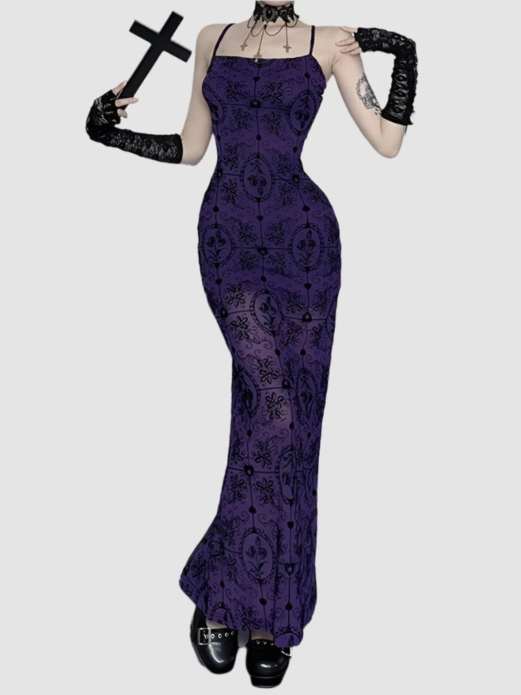 Gothic Maxi Dress  Purple, Lace, Dark Elegance