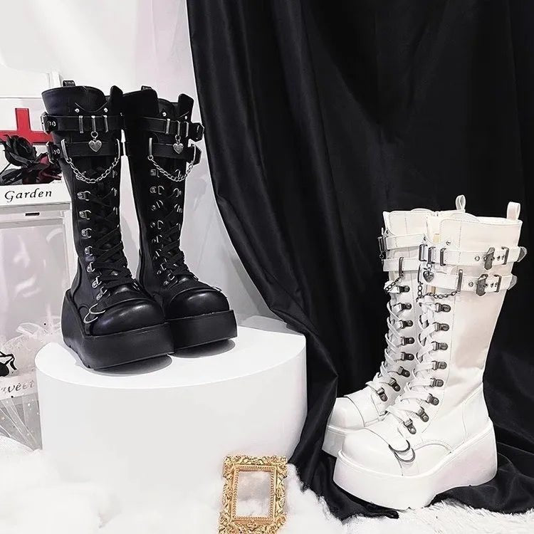 Castle Gothic High Gothic Boots with Chains, Buckle Strap Fastening